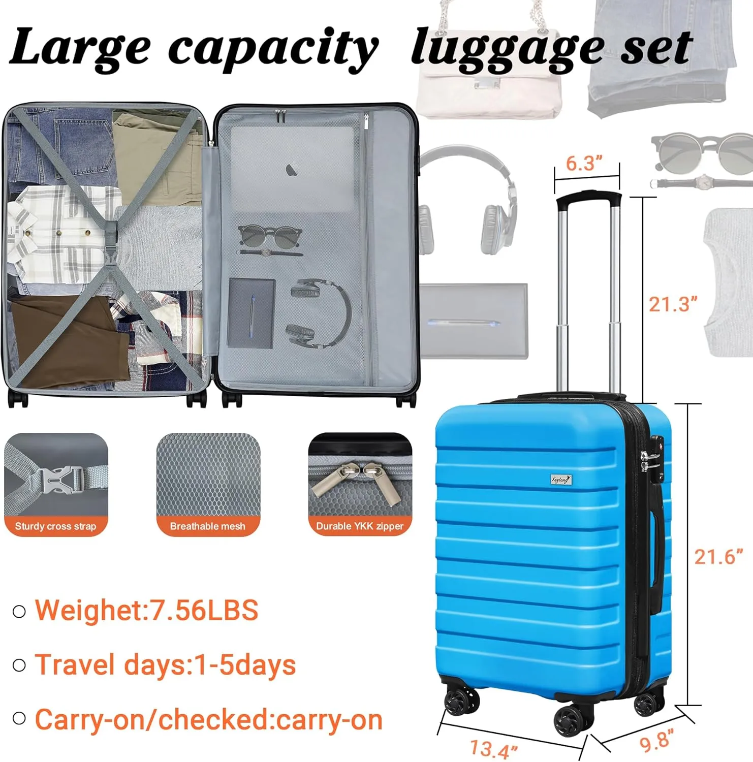 Zebra 20" Expandable Carry-On Luggage Set with TSA Lock, Lightweight Hardshell Suitcase with Spinner Wheels, PC ABS Durable Checked Luggage, Bonus Travel Backpack & Cosmetic Makeup Bag, Blue