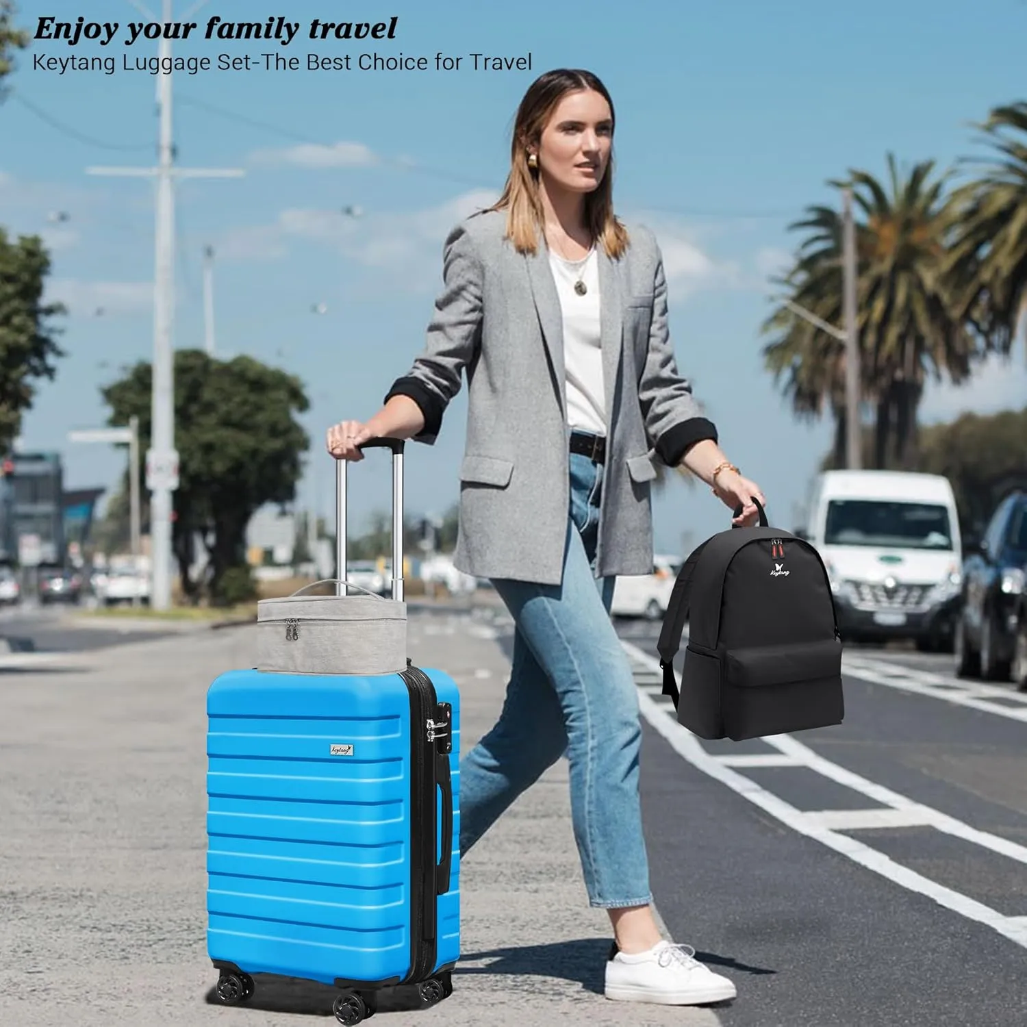 Zebra 20" Expandable Carry-On Luggage Set with TSA Lock, Lightweight Hardshell Suitcase with Spinner Wheels, PC ABS Durable Checked Luggage, Bonus Travel Backpack & Cosmetic Makeup Bag, Blue