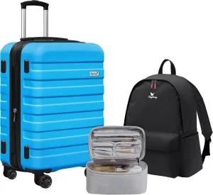 Zebra 20" Expandable Carry-On Luggage Set with TSA Lock, Lightweight Hardshell Suitcase with Spinner Wheels, PC ABS Durable Checked Luggage, Bonus Travel Backpack & Cosmetic Makeup Bag, Blue