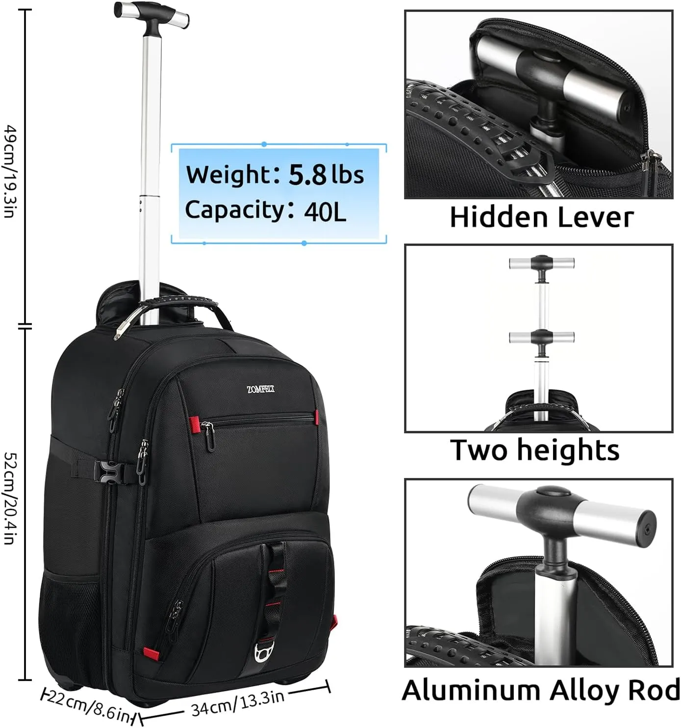 ZOMFELT Rolling Backpack, Travel Backpack with Wheels, Carry on Backpacks with 3 Packing Cubes, 17.3 Inch Wheeled Laptop Backpack for Men Women Adults to Travel Work Business Black
