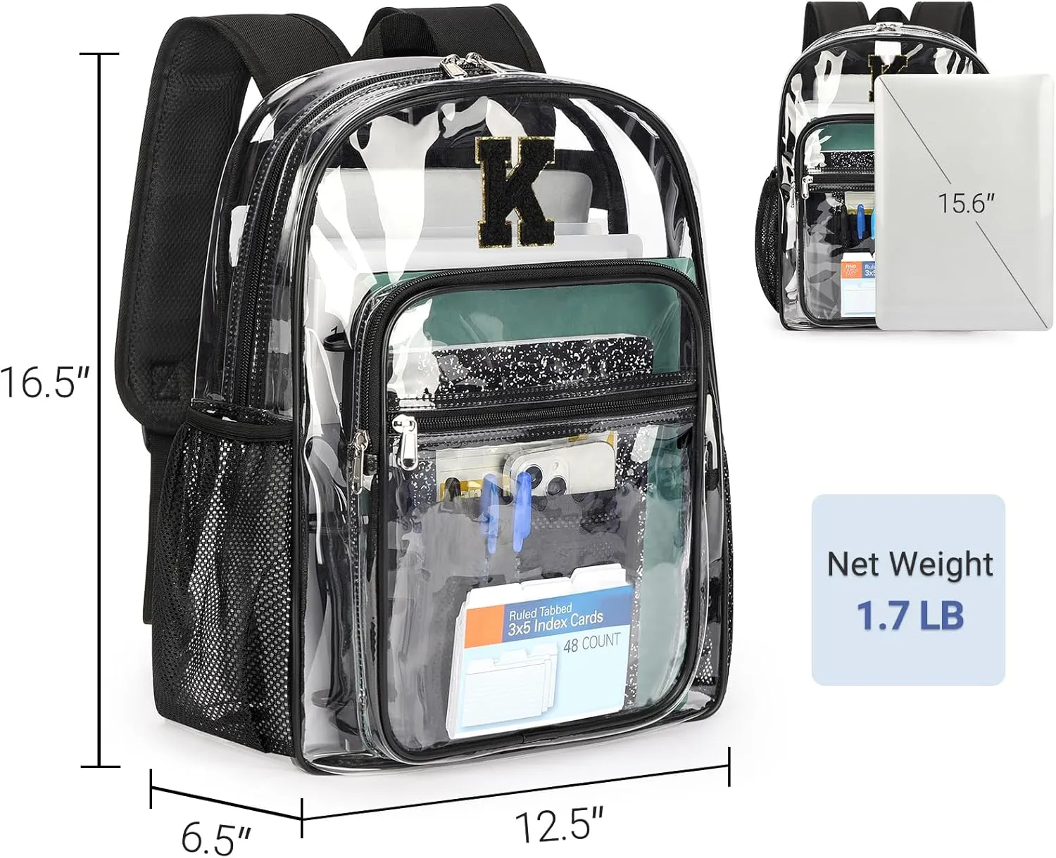 ZORFIN Clear Backpack for School: Large Clear Bookbag with Padded Straps - Heavy Duty PVC Transparent Backpack Black K