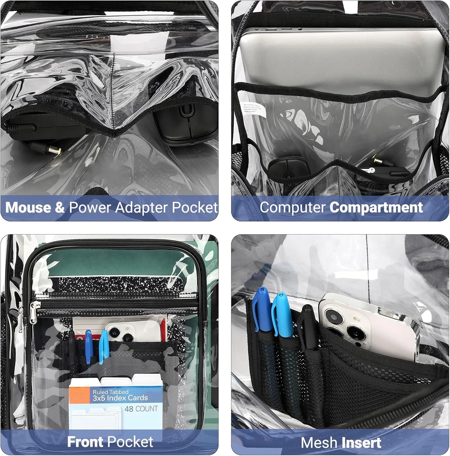 ZORFIN Clear Backpack for School: Large Clear Bookbag with Padded Straps - Heavy Duty PVC Transparent Backpack Black K